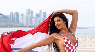Miss Croatia Ivana Knoll wears BRA to Qatar Stadium 